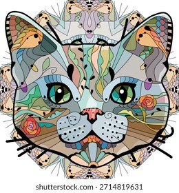 Cabeza estilizada de gato en mandala. Ilustración vectorial de encaje dibujado a mano