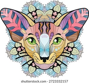 Cabeça estilizada de gato em mandala para livro de colorir. Ilustração de vetor de renda desenhada à mão