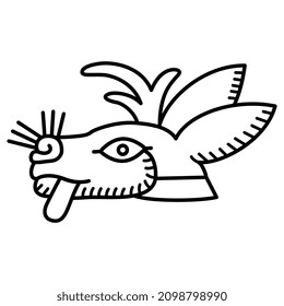 Stylized head of a deer or hare with his tongue out. Ethnic native American animal symbol of Aztec Indians from Mexican codex. Black and white linear silhouette.