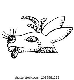 Stylized head of a deer or hare with his tongue out. Ethnic native American animal symbol of Aztec Indians from Mexican codex. Hand drawn linear doodle rough sketch. Black silhouette on white.