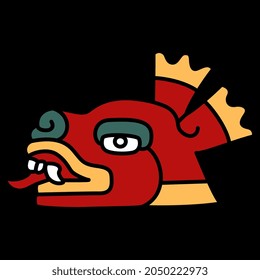 Stylized head of a deer with his tongue out. Native American art of Aztec Indians from Mexican codex. On black background Isolated vector illustration. 