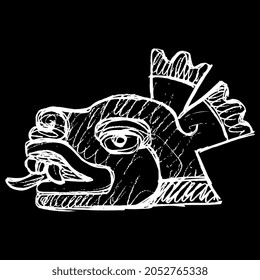 Stylized head of a deer with his tongue out. Native American art of Aztec Indians from Mexican codex. Hand drawn linear doodle rough sketch. White silhouette on black background.