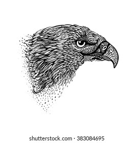 Stylized Head of Eagle. Hand Drawn Doodle Illustration in Black on White