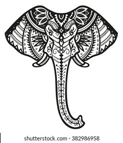 The stylized head of an elephant in the festive patterns