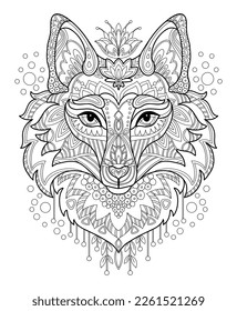 Stylized head of fox close up. Hand drawn sketch black contour vector illustration. For adult antistress coloring page, print, design, decor, T-shirt, emblem, logo or tattoo ornate design elements.