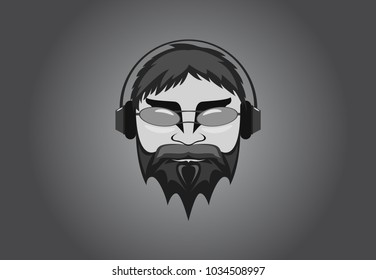 Stylized head with headphones on gray background