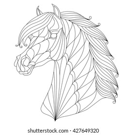Stylized head of horse. Equestrian logo, emblem for t-shirts, prints, horse tattoo, black isolated on white background, vector illustration.