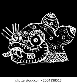 Stylized head of a jaguar. Native American art of Aztec Indians from Mexican codex. Hand drawn linear doodle rough sketch. White silhouette on black background.