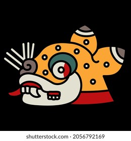 Stylized head of a jaguar. Native American art of Aztec Indians from Mexican codex. On black background.