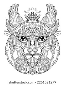 Stylized head of lynx close up. Hand drawn sketch black contour vector illustration. For adult antistress coloring page, print, design, decor, T-shirt, emblem, logo or tattoo ornate design elements.