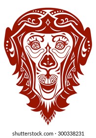 The stylized head of a monkey in festive patterns