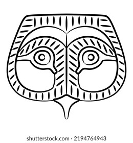 Stylized head of an owl. Animal mask. Ancient Egyptian ethnic design. Black and white linear silhouette.