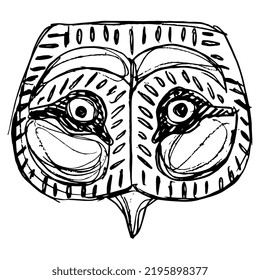 Stylized head of an owl. Animal mask. Ancient Egyptian ethnic design. Hand drawn linear doodle rough sketch. Black silhouette on white background.