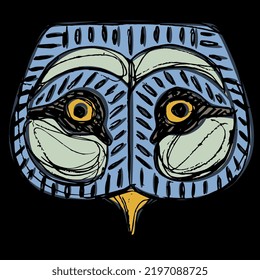 Stylized head of an owl. Animal mask. Ancient Egyptian ethnic design. Hand drawn colorful rough sketch. Blue bird face on black background.