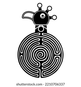 Stylized Head Of A Peacock Bird On Top Of A Round Spiral Maze Or Labyrinth Symbol. Creative Concept For Medieval Hunnish Culture. Black And White Silhouette.