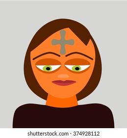 Stylized head of a person of indeterminate gender and age, with gray cross on his forehead. Character relating to the Christian Catholic Feast "Ash Wednesday".