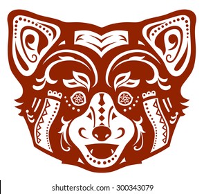 The stylized head of a red panda in festive patterns
