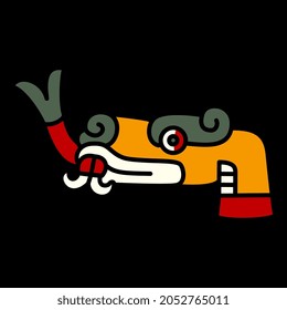 Stylized head of a snake or dragon with forked tongue. Native American animal design of Aztec Indians from Mexican codex. Isolated vector illustration. On black background.