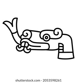 Stylized head of a snake or dragon with forked tongue. Native American animal design of Aztec Indians from Mexican codex. Black and white linear silhouette.