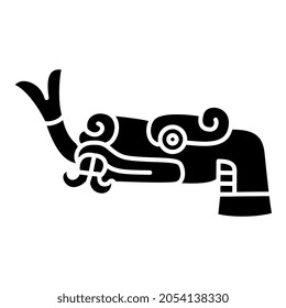 Stylized head of a snake or dragon with forked tongue. Native American animal design of Aztec Indians from Mexican codex. Black and white negative silhouette.