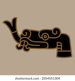 Stylized head of a snake or dragon with forked tongue. Native American animal design of Aztec Indians from Mexican codex. Monochrome silhouette.