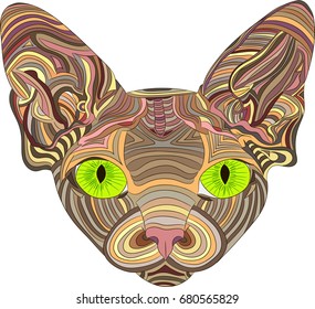 The stylized head of a Sphynx cat is an ethnic pattern. Vector illustration