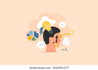 A stylized head with a thought bubble featuring a light bulb, representing creativity and ideas amid stormy clouds and lightning. Includes a checklist and pencil, emphasizing planning  organization.