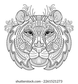 La cabeza estilizada del tigre se cierra. Dibujo a mano de la ilustración del vector de contorno negro. Para la página de coloreado antiestrés adulto, impresión, diseño, decoración, camiseta, emblema, logotipo o elementos de diseño ornamentados con tatuajes.