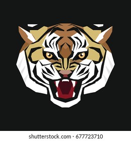 Stylized head of a tiger. The tiger growls. Structural image. Color image on a dark background