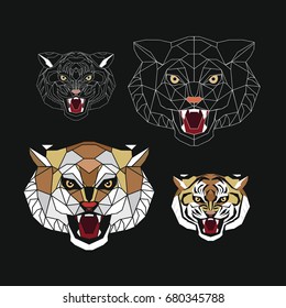Stylized head of a tiger. The tiger growls. Structural image. construction and filled image. Set on a black background
