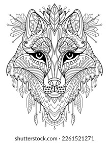 Stylized head of wolf close up. Hand drawn sketch black contour vector illustration. For adult antistress coloring page, print, design, decor, T-shirt, emblem, logo or tattoo ornate design elements. svg