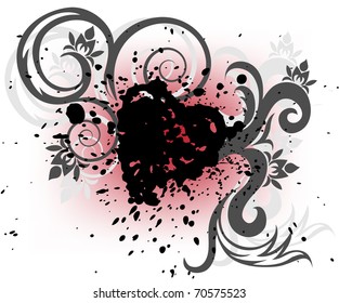 stylized heart of the black splashes and curls on a white and red background