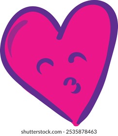 Stylized heart blowing a kiss with closed eyes and content expression, pink and purple color scheme