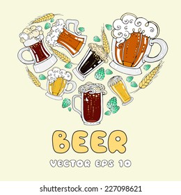 Stylized heart with cartoon beer mugs. Vector for use in design