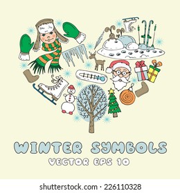 Stylized heart with cartoon winter symbols. Vector for use in design