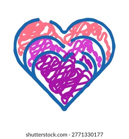 Stylized heart design showcasing multiple concentric outlines filled with dynamic scribble patterns in shades of pink, purple, and blue, representing love and emotion