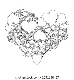 Stylized heart with doodle pattern on white background. Anti-stress Coloring Book Page for Children and Adults