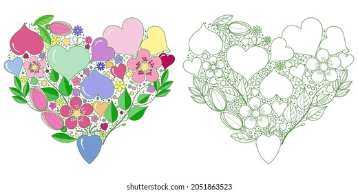 Stylized heart with doodle pattern on white background. Anti-stress Coloring Book Page for Children and Adults