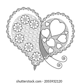 Stylized heart with doodle pattern on white background. Anti-stress Coloring Book Page for Children and Adults