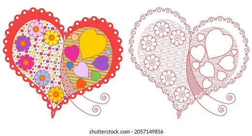 Stylized heart with a doodle pattern on a white background. Coloring book for adults and children. Colorful decorative element for greeting card design