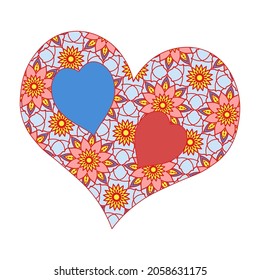 Stylized heart with a doodle pattern on a white background. Colorful decorative element for the design of postcards, scrapbooks, invitations
