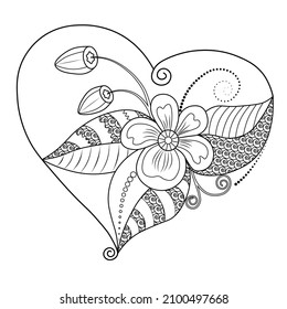 Stylized heart with doodle pattern on white background. Anti-stress Coloring Book Page for Children and Adults