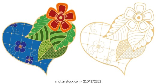 Stylized heart with doodle pattern on white background. Anti-stress Coloring Book Page for Children and Adults