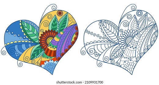 Stylized heart with a doodle pattern on a white background. A colorful decorative element for the design of postcards, invitations