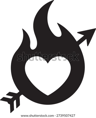 A stylized heart with flames and an arrow representing passion and desire isolated on white background, illustration