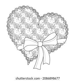 Stylized heart with a flower and a bow on a white background. Decorative isolated element for design. Anti-stress coloring book for children and adults