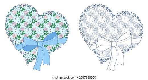 Stylized heart with a flower and a bow on a white background. Decorative isolated element for design. Anti-stress coloring book for children and adults