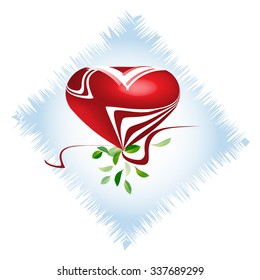 stylized heart, framed by green leaves on a blue background
