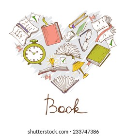 Stylized heart with hand drawn and cartoon books. Vector for use in design