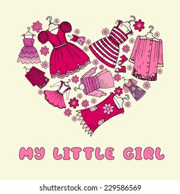 Stylized heart with hand drawn clothes for little girls. Vector for use in design